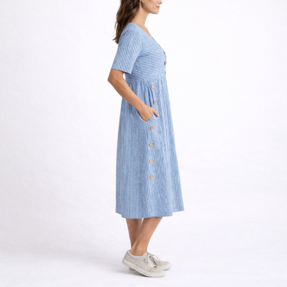Scoop Neck Short Sleeve Fit and Flare Striped Midi Dress with Pockets
