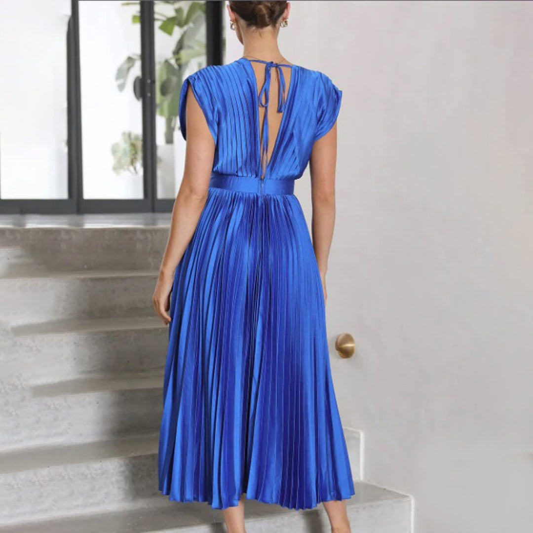 Draped Backless Sleeveless Cinched Pleated Midi Dress