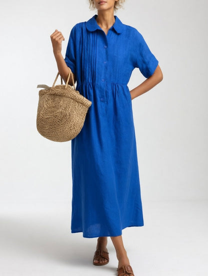 Collared Buttoned Gathered Loose Midi Dress