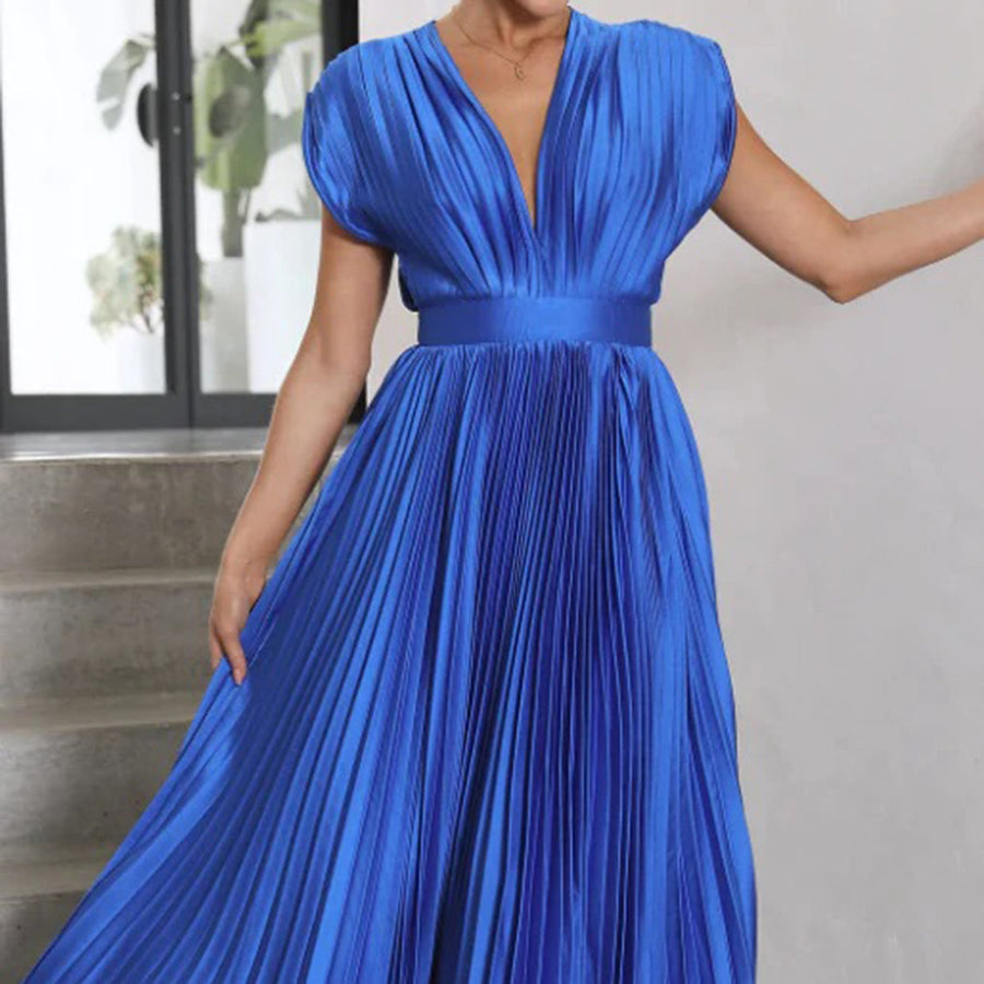 Draped Backless Sleeveless Cinched Pleated Midi Dress
