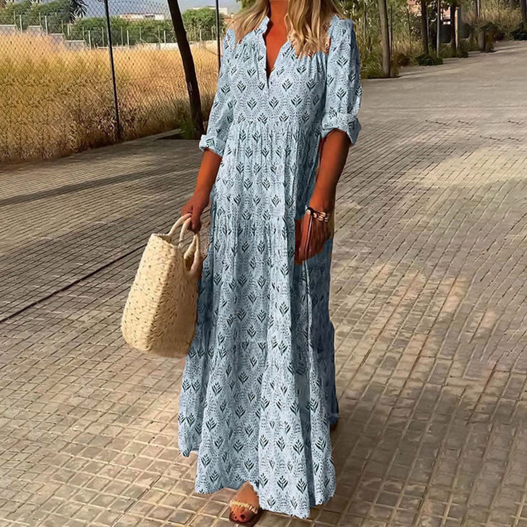 Patterned Print V Neck Tiered Collared Maxi Dress