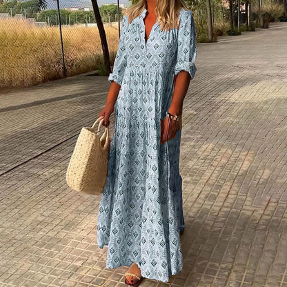 Patterned Print V Neck Tiered Collared Maxi Dress