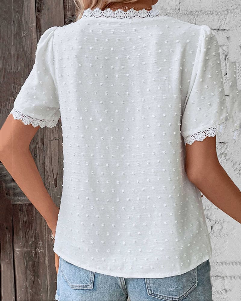 Women's Lace Trim V-Neck Short Sleeve Swiss Dot Blouse