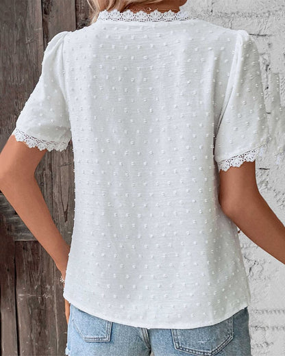 Women's Lace Trim V-Neck Short Sleeve Swiss Dot Blouse