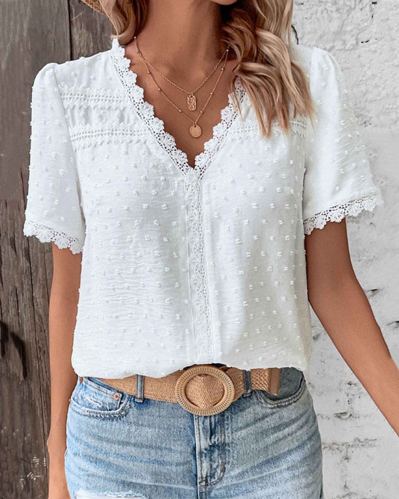 Women's Lace Trim V-Neck Short Sleeve Swiss Dot Blouse