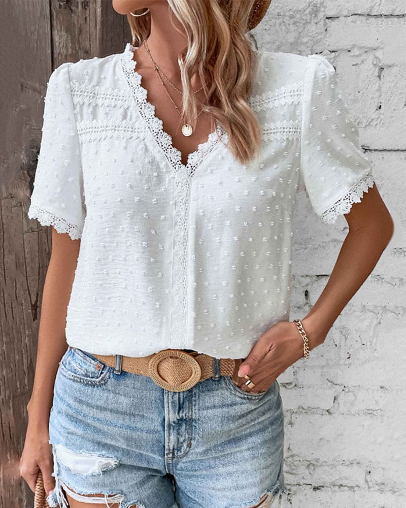 Women's Lace Trim V-Neck Short Sleeve Swiss Dot Blouse