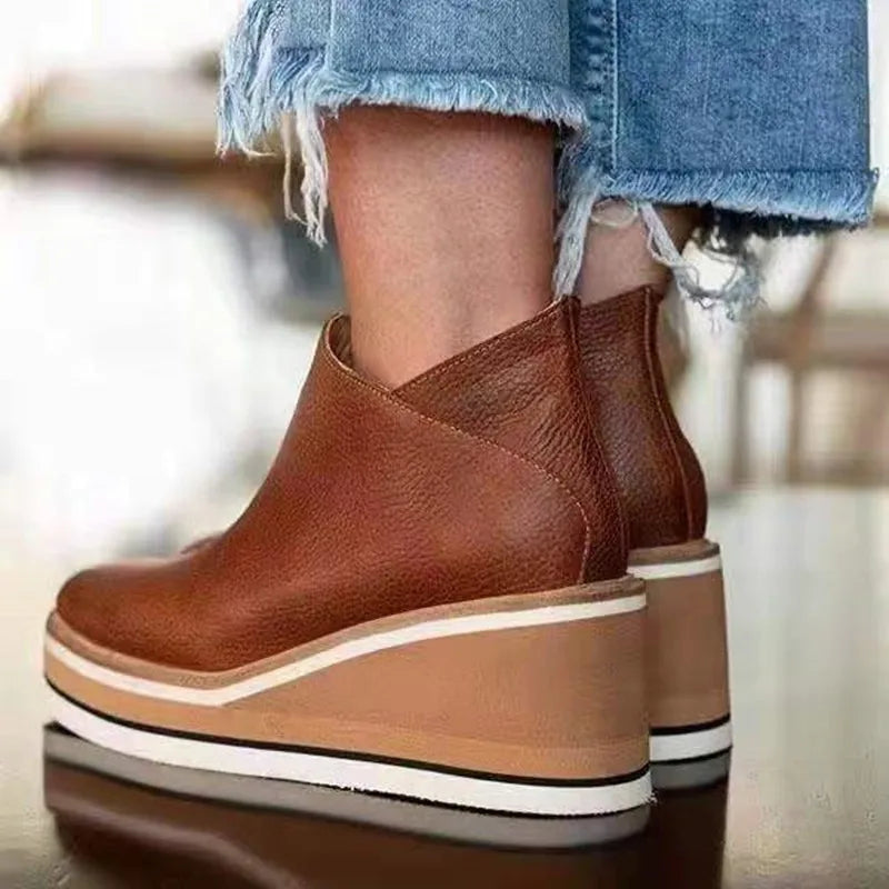 Round Toe Side Zip Wedge Boots