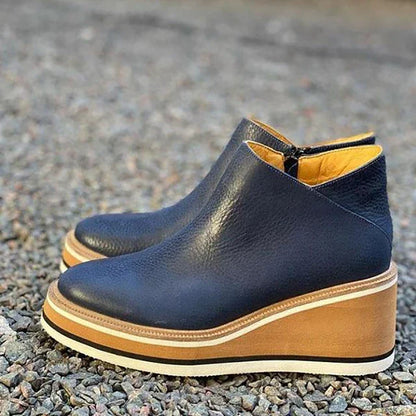 Round Toe Side Zip Wedge Boots