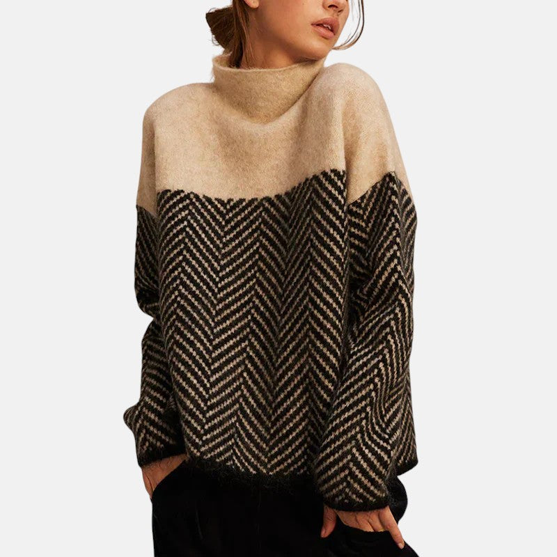 Women's High Neck Long Sleeve Herringbone Knit Sweater