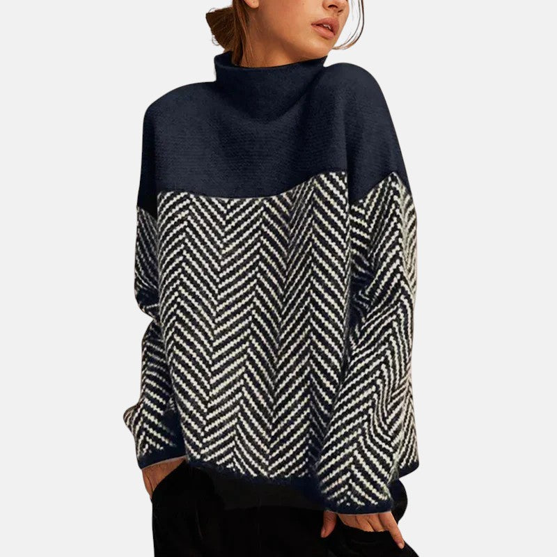 Women's High Neck Long Sleeve Herringbone Knit Sweater