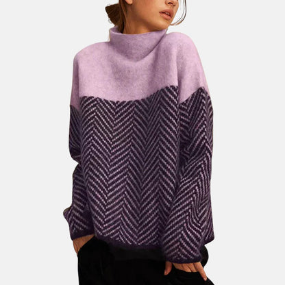Women's High Neck Long Sleeve Herringbone Knit Sweater