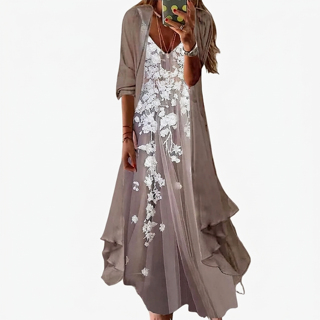 Women's V-Neck Floral Maxi Dress with Duster Jacket Two Piece Set