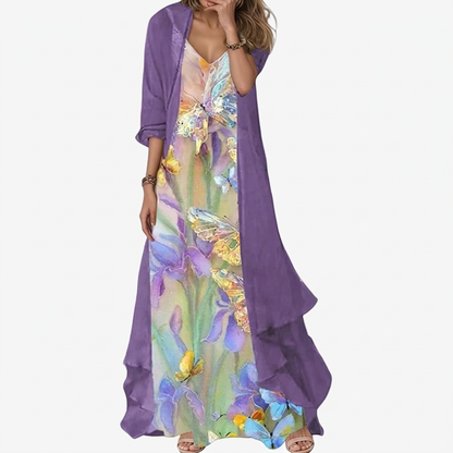 Women's V-Neck Floral Maxi Dress with Duster Jacket Two Piece Set