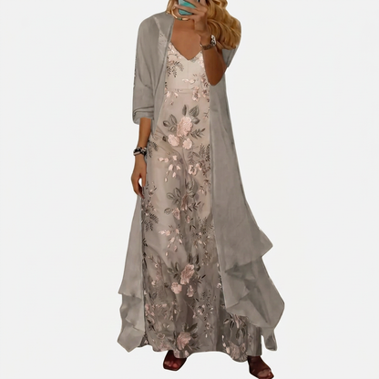 Women's V-Neck Floral Maxi Dress with Duster Jacket Two Piece Set
