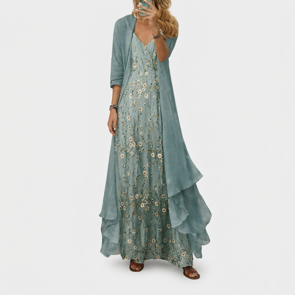 Women's V-Neck Floral Maxi Dress with Duster Jacket Two Piece Set