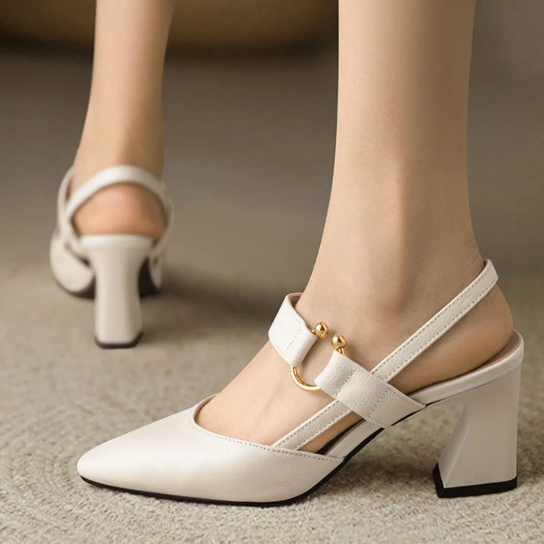 Pointy Toe Textured Flaired Heel Slingback Pumps