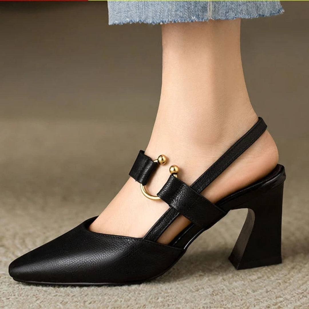 Pointy Toe Textured Flaired Heel Slingback Pumps