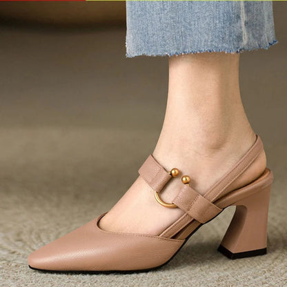 Pointy Toe Textured Flaired Heel Slingback Pumps