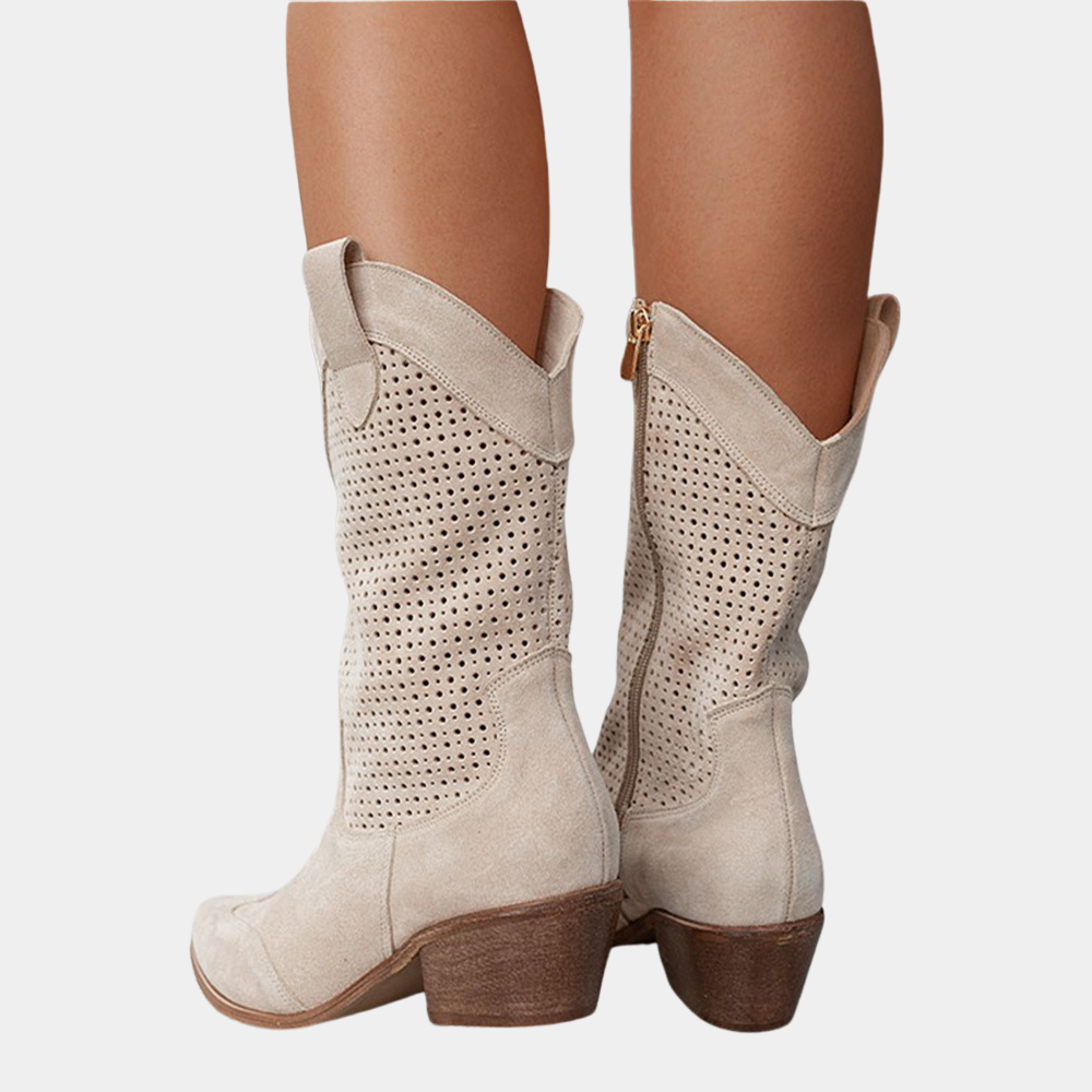 Pointed Toe Perforated Block Heel Boots