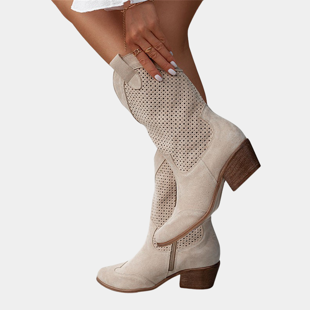 Pointed Toe Perforated Block Heel Boots