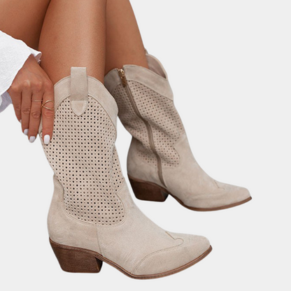 Pointed Toe Perforated Block Heel Boots