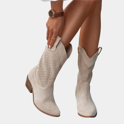 Pointed Toe Perforated Block Heel Boots