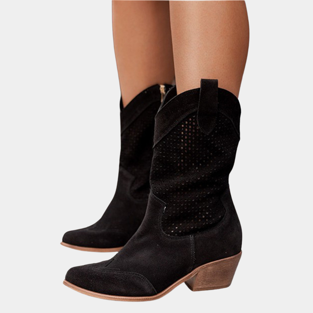Pointed Toe Perforated Block Heel Boots