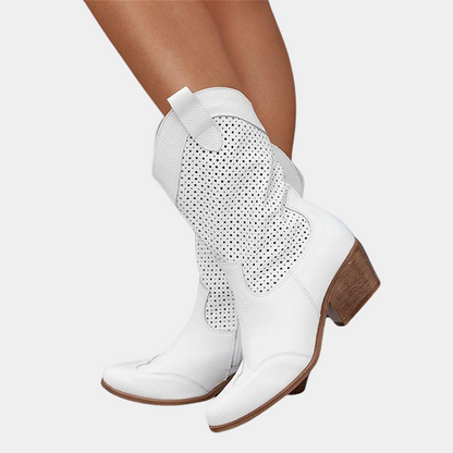 Pointed Toe Perforated Block Heel Boots