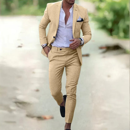 Textured Fitted Notched Single Padded Creased Suit Set