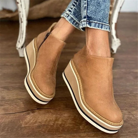Round Toe Side Zip Wedge Boots