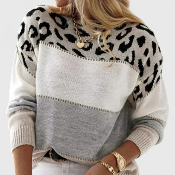 Women's Crew Neck Long Sleeve Leopard Print Colorblock Cardigan Sweater
