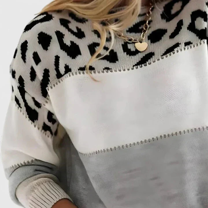 Women's Crew Neck Long Sleeve Leopard Print Colorblock Cardigan Sweater