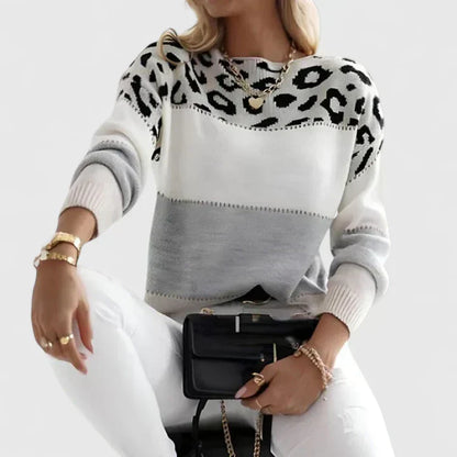 Women's Crew Neck Long Sleeve Leopard Print Colorblock Cardigan Sweater