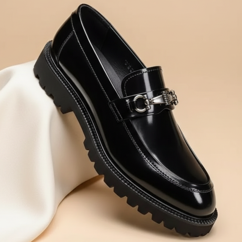 Polished Buckled Seamed Ridged Rounded Loafers
