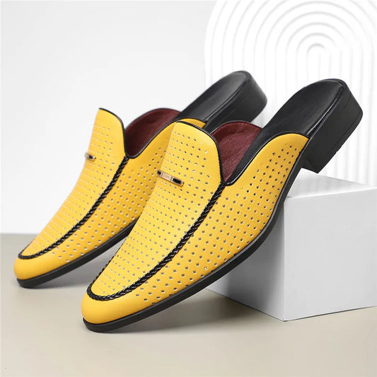 Perforated Backless Pointed Braided Low Heel Sandals