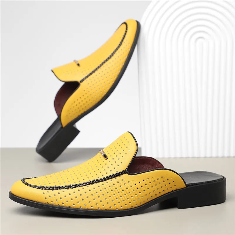 Perforated Backless Pointed Braided Low Heel Sandals