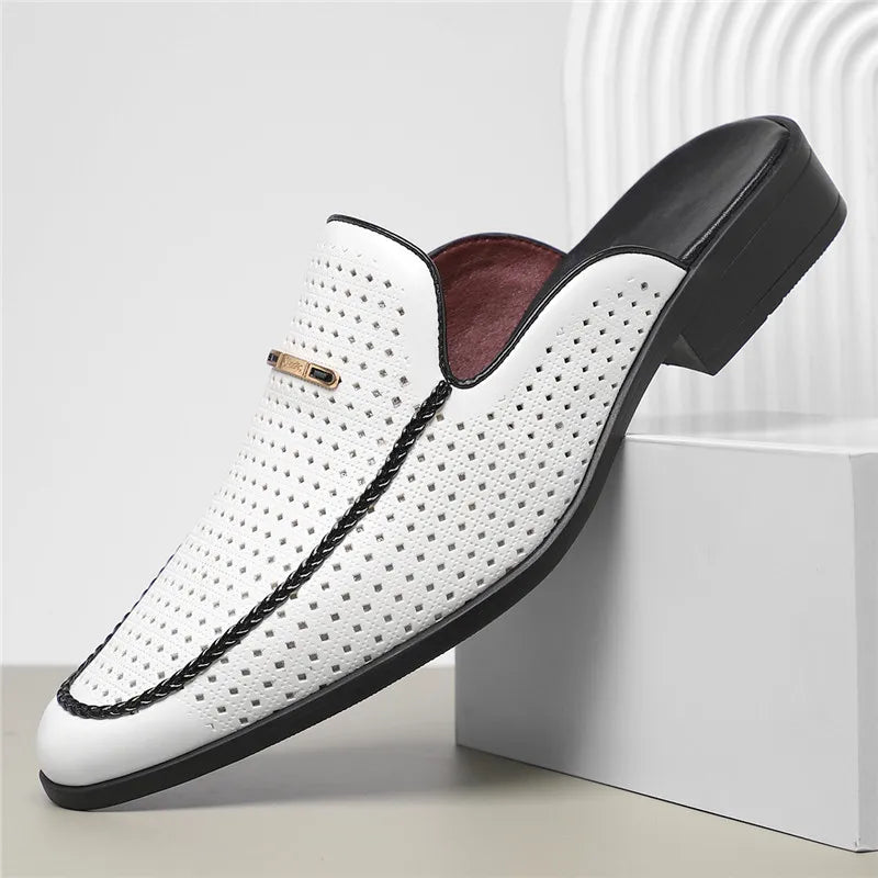 Perforated Backless Pointed Braided Low Heel Sandals