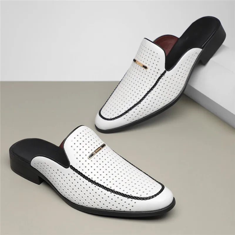 Perforated Backless Pointed Braided Low Heel Sandals