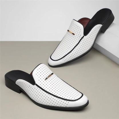 Perforated Backless Pointed Braided Low Heel Sandals