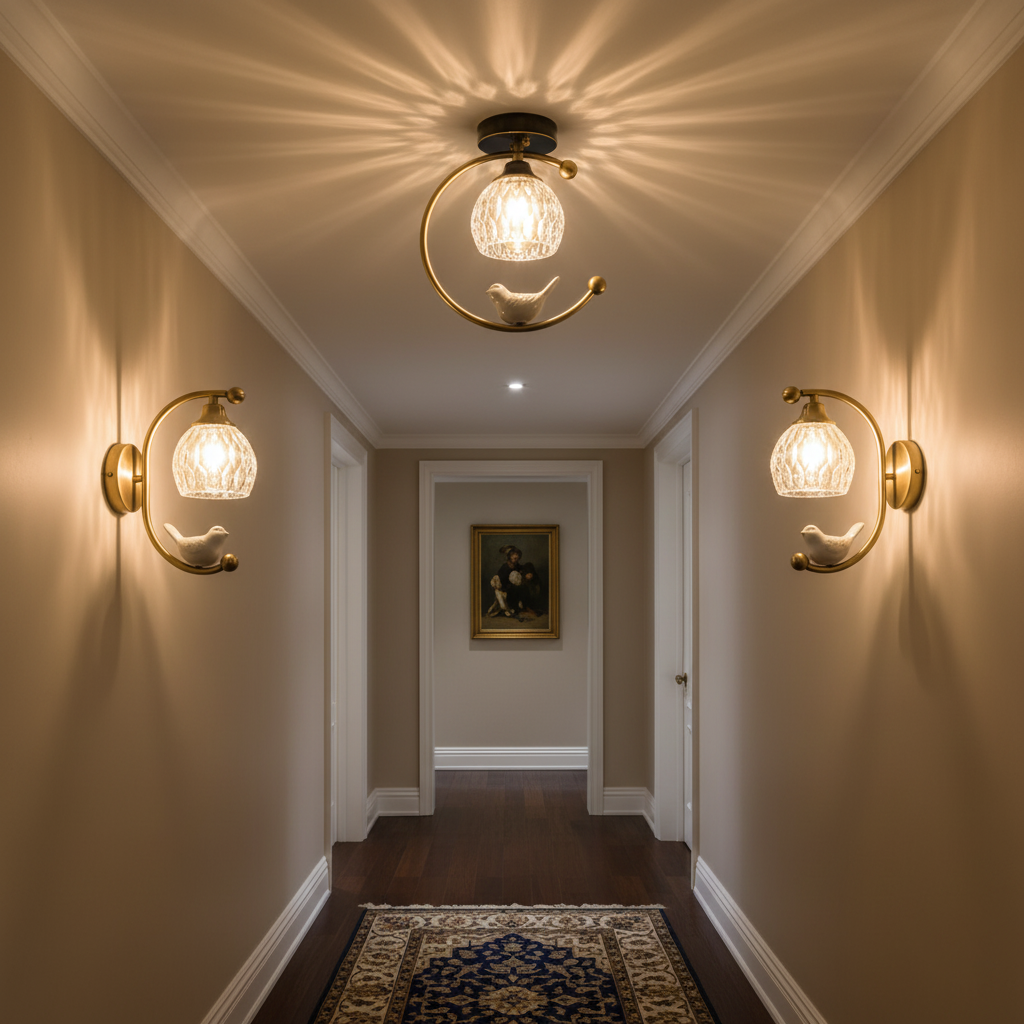 C-Shape Curved Ceiling Light with Bird Figurine