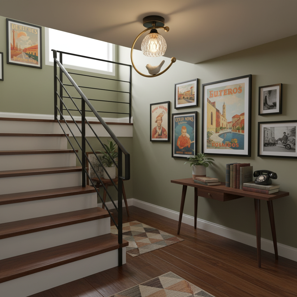 C-Shape Curved Ceiling Light with Bird Figurine