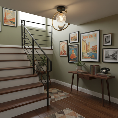 C-Shape Curved Ceiling Light with Bird Figurine