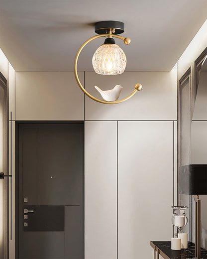 C-Shape Curved Ceiling Light with Bird Figurine