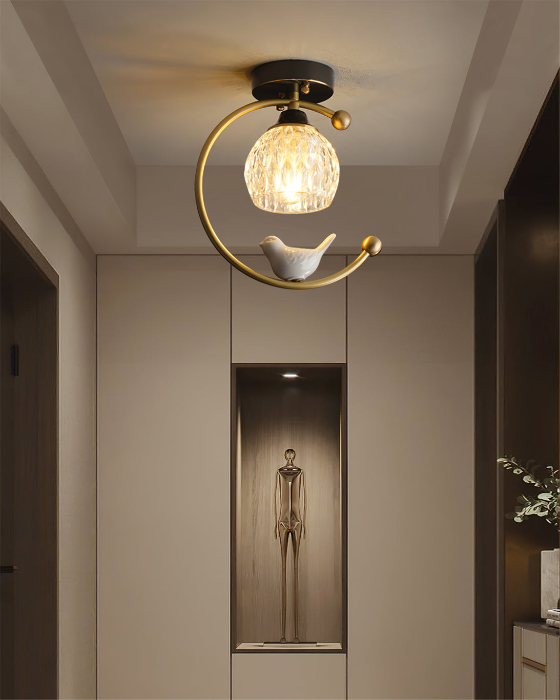 C-Shape Curved Ceiling Light with Bird Figurine