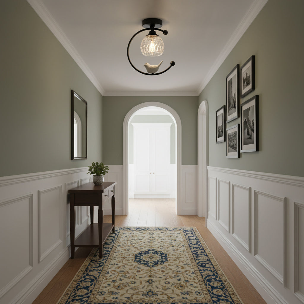 C-Shape Curved Ceiling Light with Bird Figurine