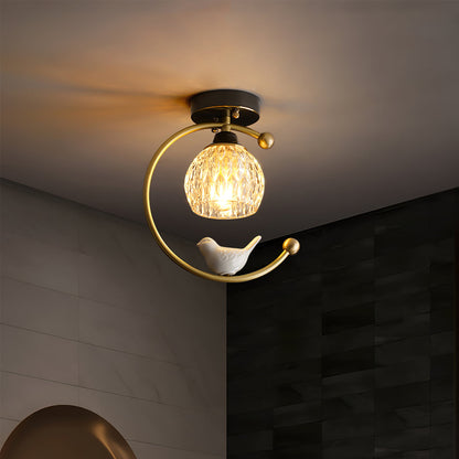 C-Shape Curved Ceiling Light with Bird Figurine