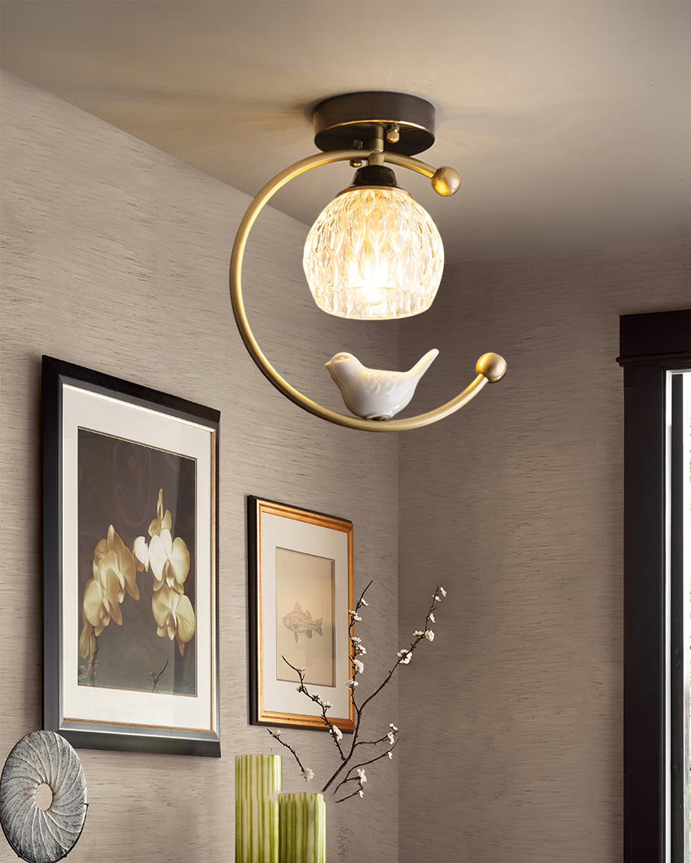 C-Shape Curved Ceiling Light with Bird Figurine
