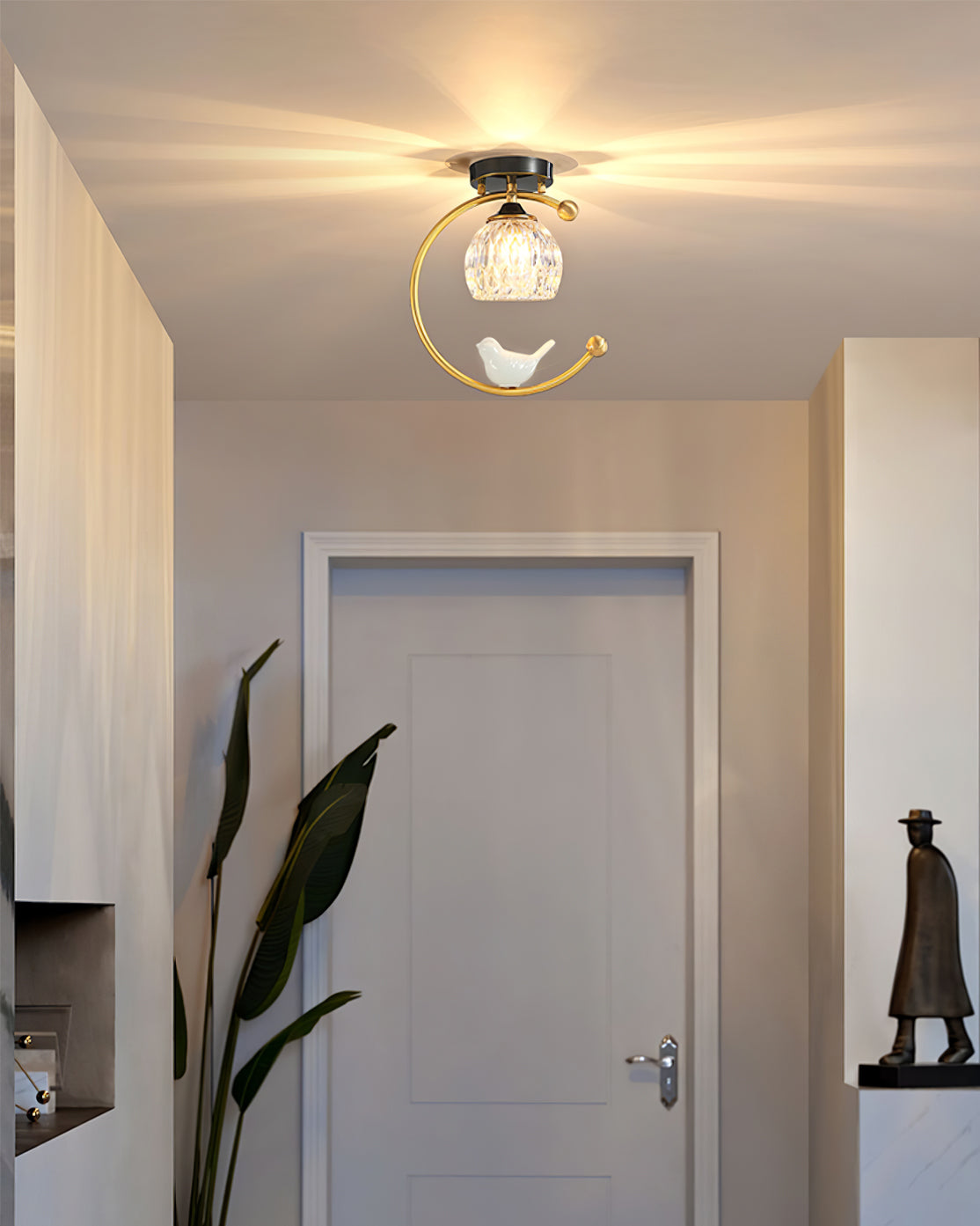 C-Shape Curved Ceiling Light with Bird Figurine
