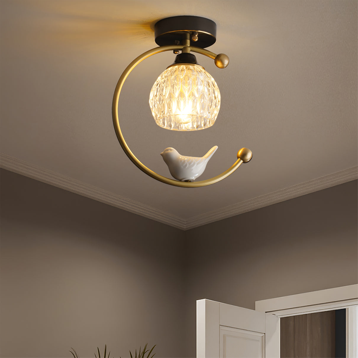 C-Shape Curved Ceiling Light with Bird Figurine