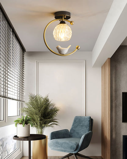 C-Shape Curved Ceiling Light with Bird Figurine